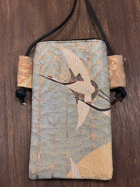 Vintage Obi Fabric Phone Pouch Handmade Japanese Textile Shoulder Bag