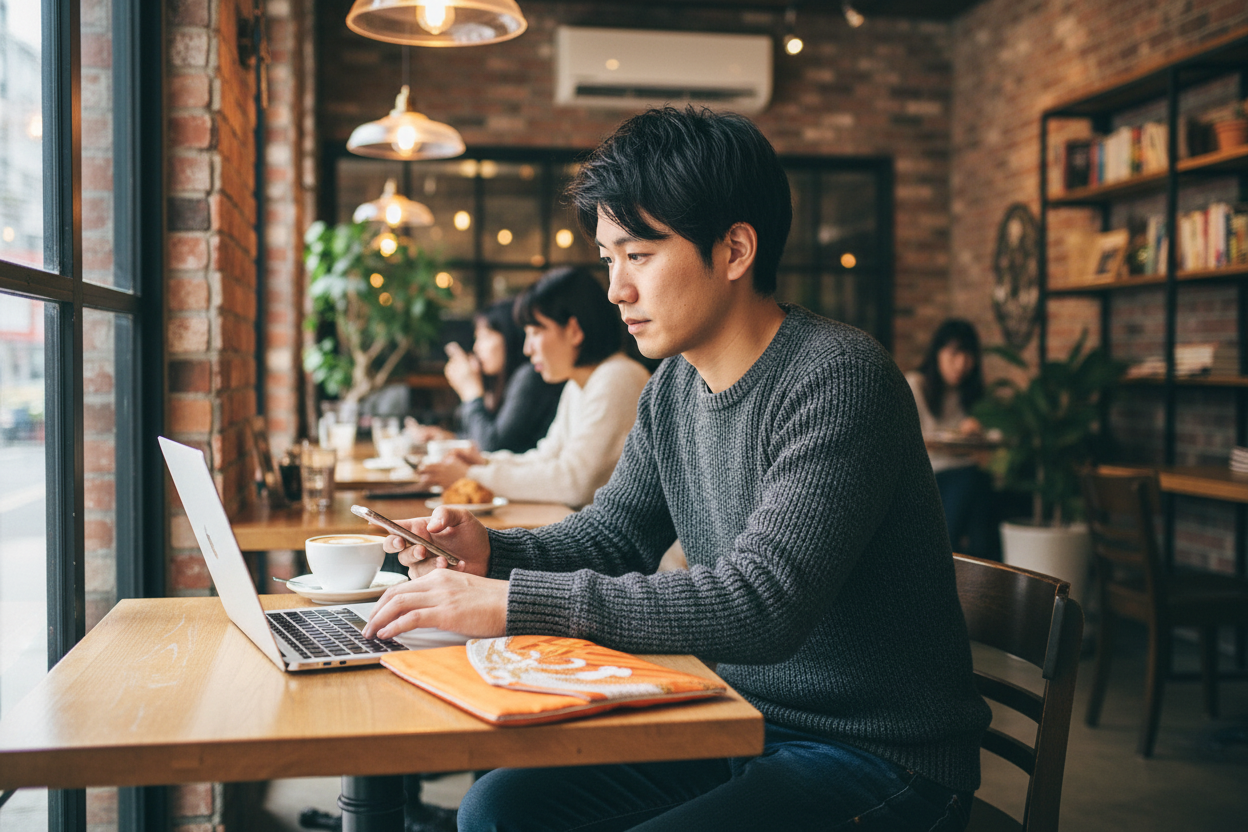 カフェでノートパソコンを操作する男性とテーブルに置かれたオレンジ色のPCスリーブ