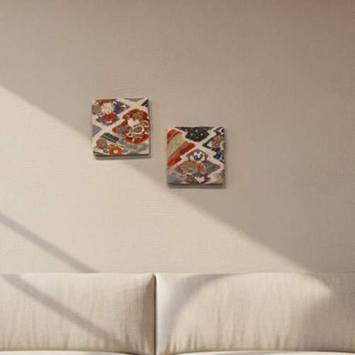 橘牡丹菊【正絹着物ファブリックパネル2枚セット】KP2-08