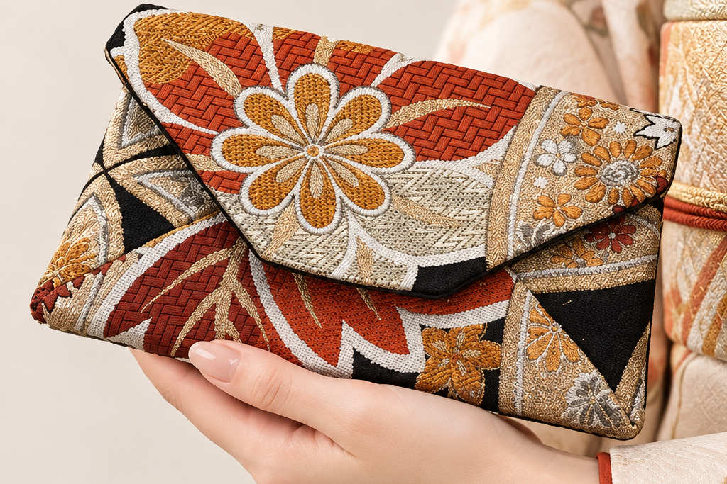 Japanese Sukiya Bag Clutch – Vintage Silk Obi, Black & Orange Chrysanthemum, Upcycled Handmade Pouch【SB-40】