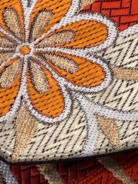 Japanese Sukiya Bag Clutch – Vintage Silk Obi, Black & Orange Chrysanthemum, Upcycled Handmade Pouch【SB-40】