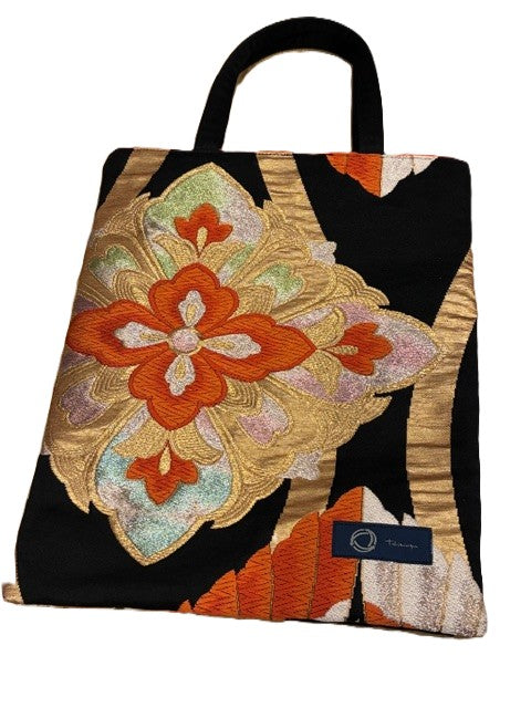 Japanese Kimono Silk Tote Bag – Vintage Obi, Orange & Gold Floral, Upcycled Handmade One-of-a-Kind Gift【KB-35】