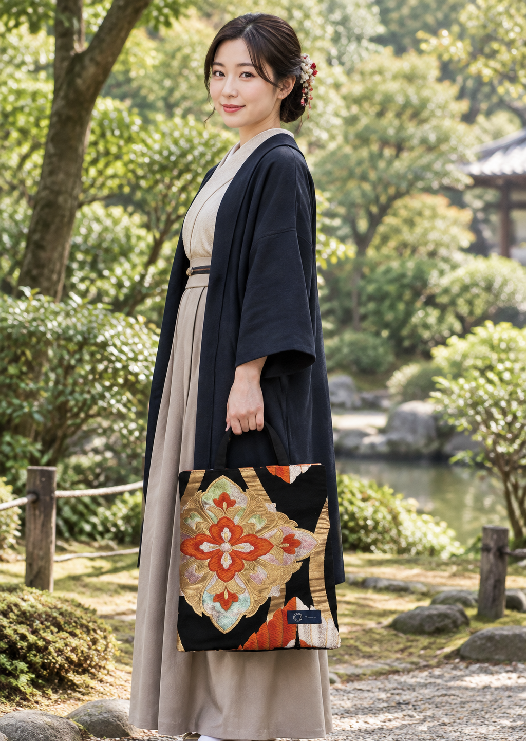Japanese Kimono Silk Tote Bag – Vintage Obi, Orange & Gold Floral, Upcycled Handmade One-of-a-Kind Gift【KB-35】