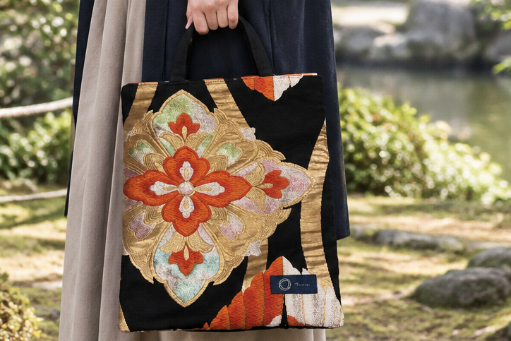 Japanese Kimono Silk Tote Bag – Vintage Obi, Orange & Gold Floral, Upcycled Handmade One-of-a-Kind Gift【KB-35】