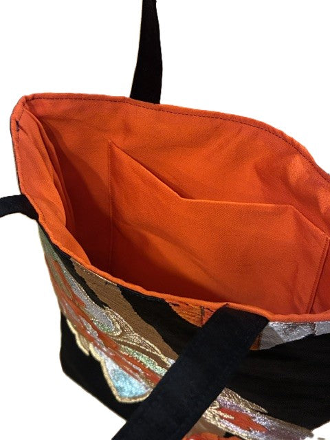 Japanese Kimono Silk Tote Bag – Vintage Obi, Orange & Gold Floral, Upcycled Handmade One-of-a-Kind Gift【KB-35】
