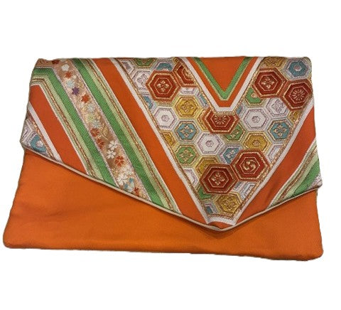 One-of-a-Kind Japanese Obi Laptop Sleeve & Clutch – Vintage Silk, Orange & Geometric Pattern【OS-04】