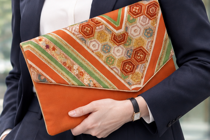 One-of-a-Kind Japanese Obi Laptop Sleeve & Clutch – Vintage Silk, Orange & Geometric Pattern【OS-04】