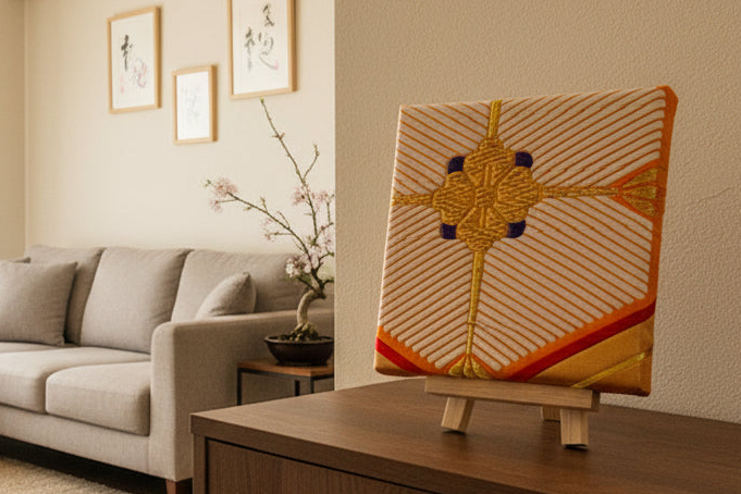 Kimono Wall Art / Japanese Vintage Silk Textile Panel / Framed Fabric Art / Wabi Sabi Decor / Unique Japanese Interior【OP-04】