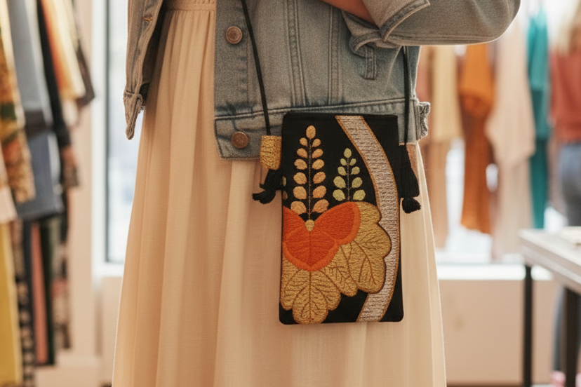 Japanese Obi Phone Bag, Japanese Silk Crossbody, Obi Smartphone Shoulder Bag, One of a Kind Gift, Lightweight Travel Bag【SS-08】