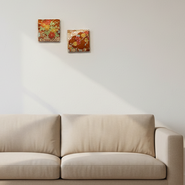 梅と菊【正絹着物ファブリックパネル2枚セット】KP2-05