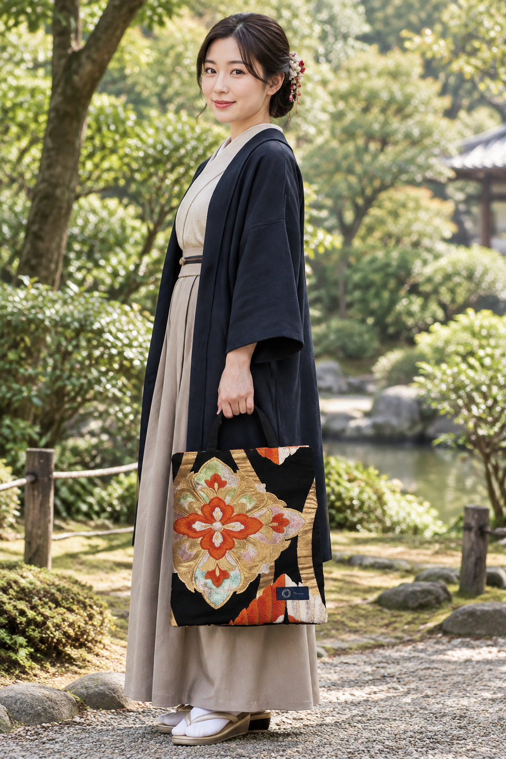 Japanese Kimono Silk Tote Bag – Vintage Obi, Orange & Gold Floral, Upcycled Handmade One-of-a-Kind Gift【KB-35】