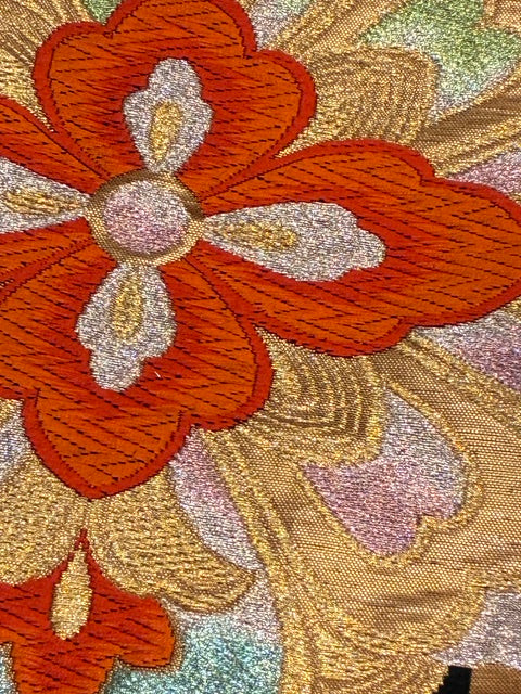 Japanese Kimono Silk Tote Bag – Vintage Obi, Orange & Gold Floral, Upcycled Handmade One-of-a-Kind Gift【KB-35】