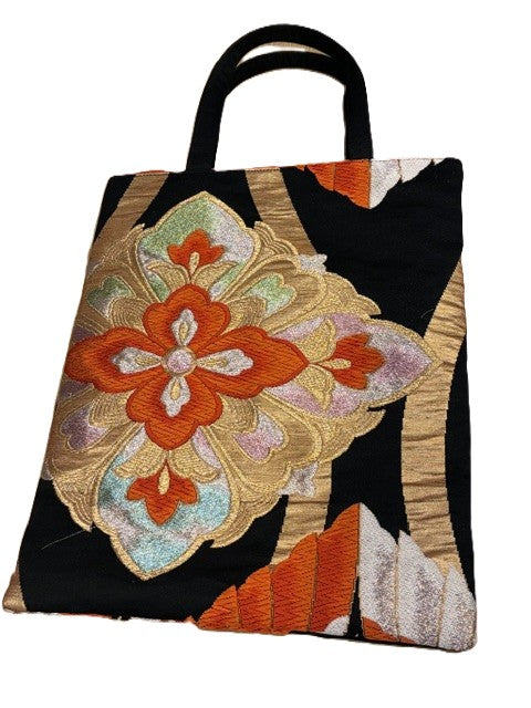 Japanese Kimono Silk Tote Bag – Vintage Obi, Orange & Gold Floral, Upcycled Handmade One-of-a-Kind Gift【KB-35】