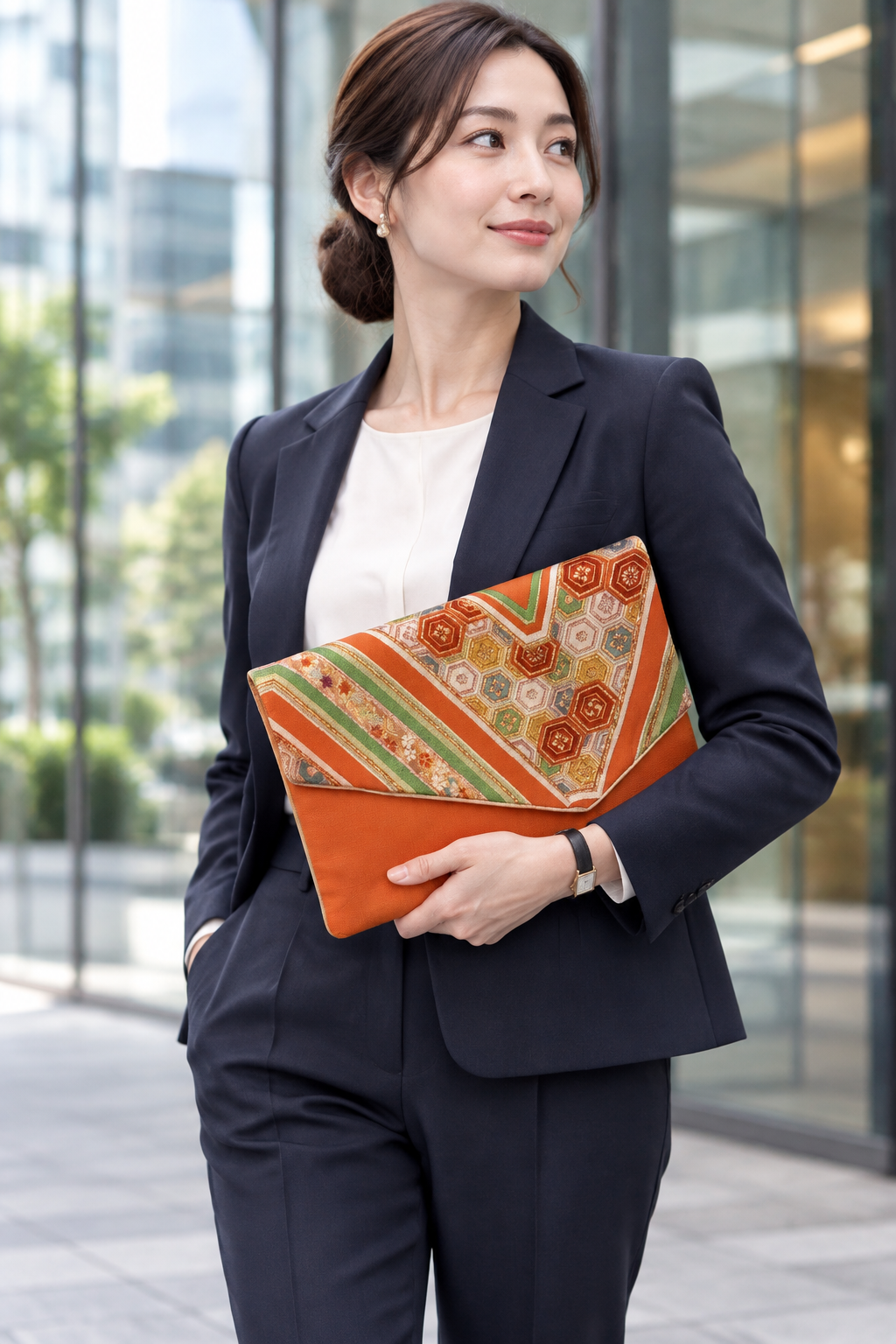 One-of-a-Kind Japanese Obi Laptop Sleeve & Clutch – Vintage Silk, Orange & Geometric Pattern【OS-04】