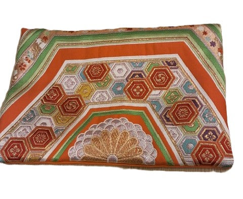 One-of-a-Kind Japanese Obi Laptop Sleeve & Clutch – Vintage Silk, Orange & Geometric Pattern【OS-04】